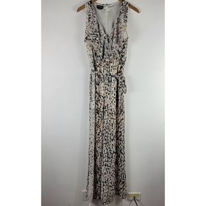 Bebe Ruffle Cheetah Print Sleeveless V Neck Belted Wide Leg Jumpsuit